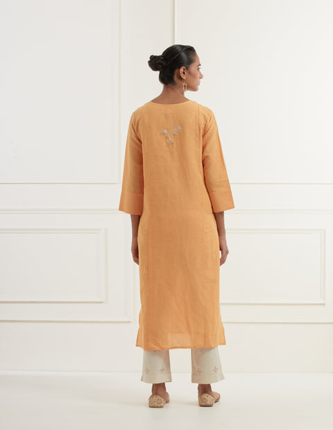 Mango Yellow Linen Panelled Kurta With Long Embroidered Pittan Bootas And Natural White Slim Cotton Pants With Pittan Bootas