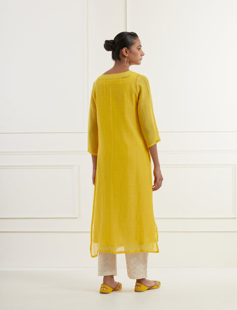 Canary Yellow Chanderi Kurta With Pintucks,centre Moif  Pittan Embroidery And Cotton Mulmul Slip