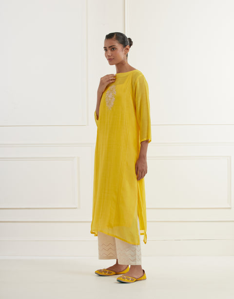 Canary Yellow Chanderi Kurta With Pintucks,centre Moif  Pittan Embroidery And Cotton Mulmul Slip