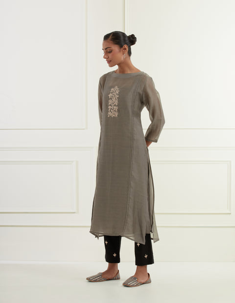 Fossil Grey Chanderi Kurta With Pintucks, Centre Moif  Pittan Embroidery And Cotton Mulmul Slip Paired With Black Cotton Flax Slim Fit Pants With Pittan Embroidery
