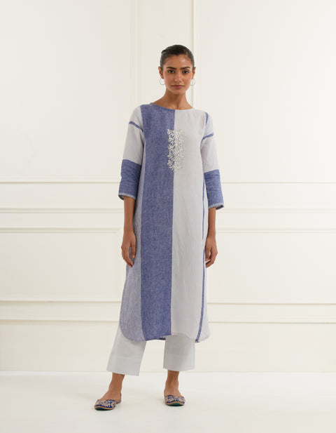 Denim blue yarn dyed linen kurta and slim fit  pant set with centre motif pittan embroidery
