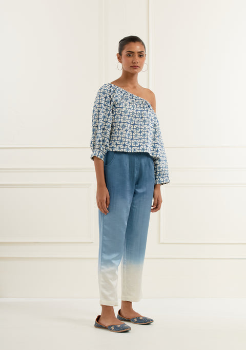 Blue Ombre' Shaded Hand Dyed Linen Satin Straight Fit Trouser