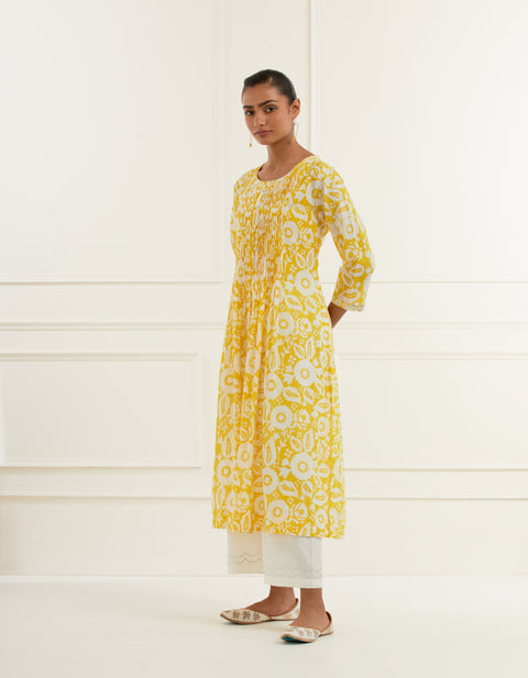 Mulmul Cotton Yellow Floral Block Print Front Pleated Kurta With Pittan Embroidery Paired With Embroidered Straight Fit Cotton Flax Pants