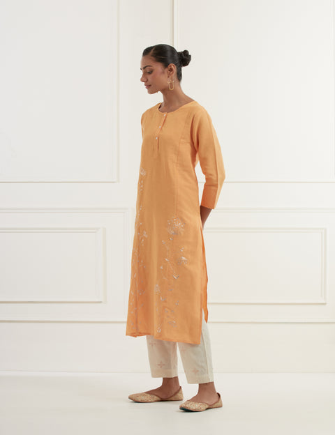 Mango Yellow Linen Panelled Kurta With Long Embroidered Pittan Bootas And Natural White Slim Cotton Pants With Pittan Bootas