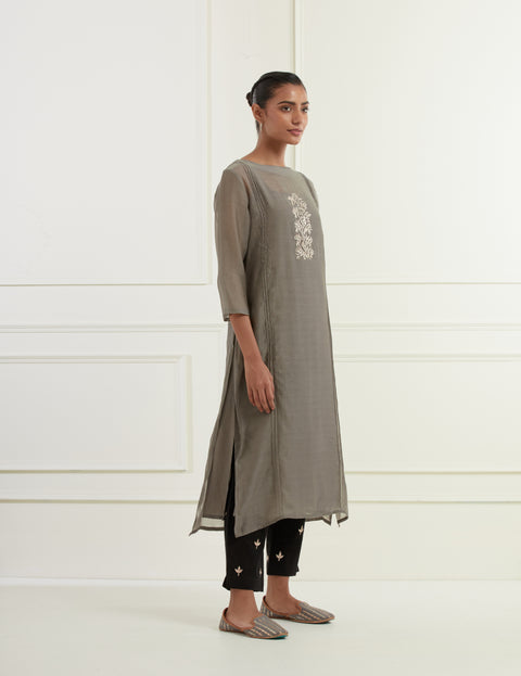 Fossil Grey Chanderi Kurta With Pintucks, Centre Moif  Pittan Embroidery And Cotton Mulmul Slip Paired With Black Cotton Flax Slim Fit Pants With Pittan Embroidery