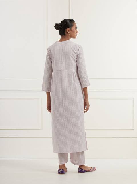Lilac cotton dobby yoke kurta with pittan embroidery and straight fit cotton  pants