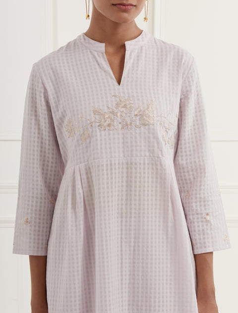 Lilac cotton dobby yoke kurta with pittan embroidery and straight fit cotton  pants