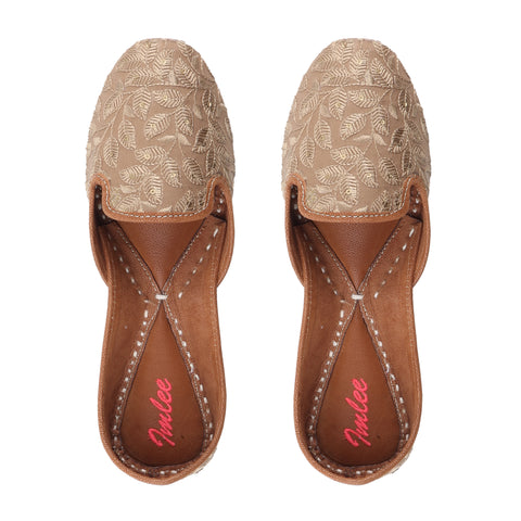 FOREST MOCCASIN - KHAKHI BROWN SILK WITH LEAVES JAAL EMBROIDERY MOCCASSIN JUTTI