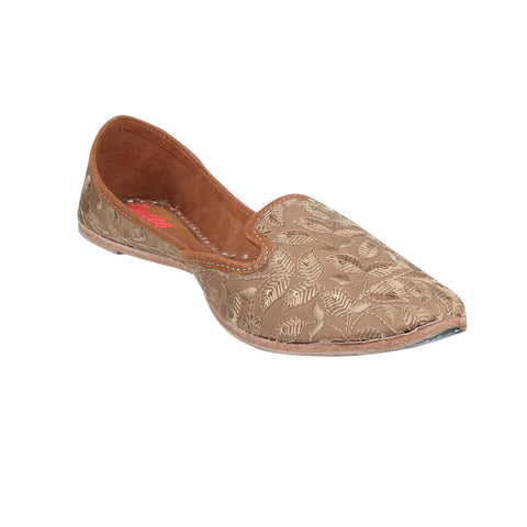 FOREST MOCCASIN - KHAKHI BROWN SILK WITH LEAVES JAAL EMBROIDERY MOCCASSIN JUTTI
