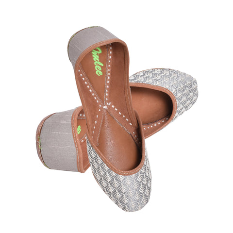 silver  thread and sequin embroidry and grey silk combination leather mojari with sole cushioning.
