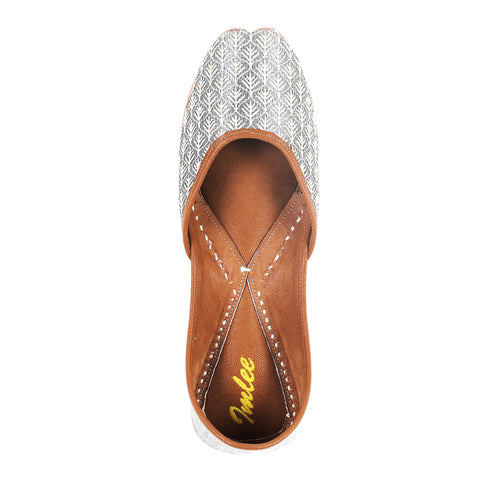 silver  thread and sequin embroidry and grey silk combination leather mojari with sole cushioning.