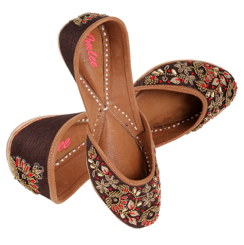 TANJORE - BROWN SUEDE WITH GOLD MOTI & RESHAM JUTTI