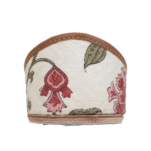 Desert Rose- Offwhite  Block Print With French Knot Embroidery Pink Flower  Moccassin Cut Jutti