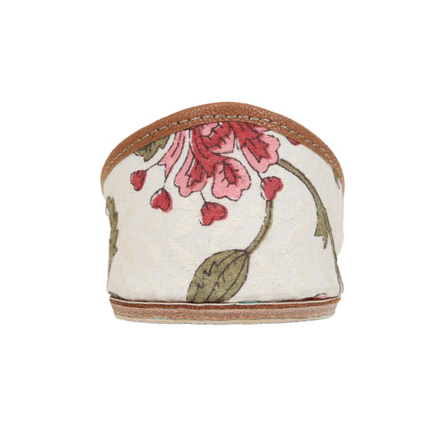Chinese Hibiscus- Offwhite  Block Print With French Knot Embroidery Pink Flower   Jutti