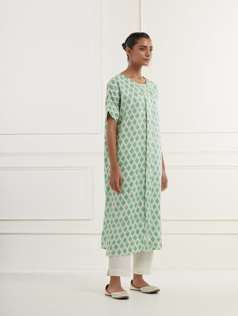 Sea Green Block Printed Linen Satin Kaftan Kurta With Centre Box Pleat And Pittan Embroidery Paired With Offwhite Embroidered Cotton Slim Fit Pants