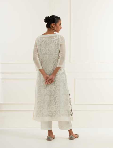 Off-white Chanderi Kurta With Pintucks, Centre Moif  Pittan Embroidery And Cotton Mulmul Block Printed Slip With Grey Floral Motifs Paired With Embroidered Offwhite Cotton Straight Fit Pants And Chanderi Dupatta