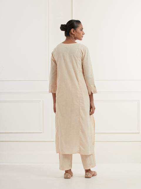 Peach Cotton Slub Panelled Kurta With Embroidery Details At Neck And Sleeves And Straight Pants With Pittan Embroidery