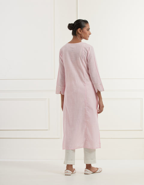 Pink cotton slub 3 panel kurta with thread and  pittan embroidery at neck, sleeves and pockets paired with embroidered offwhite slim pants and pink chanderi dupatta embroidered with pittan booti