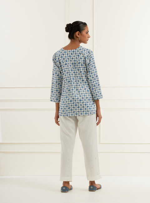 Blue Block Print Front Pleated Top In Linen Satin With Pittan Embroidery Dots