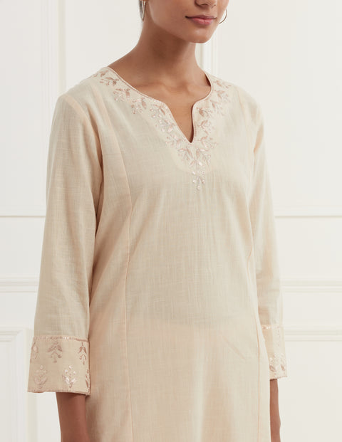 Peach Cotton Slub Panelled Kurta With Embroidery Details At Neck And Sleeves And Straight Pants With Pittan Embroidery