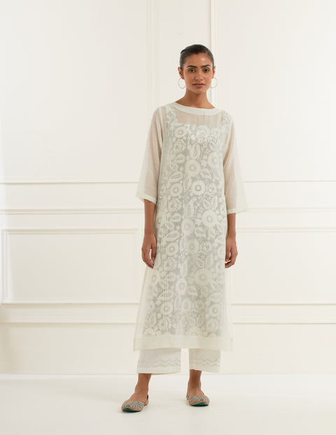 Off-white Chanderi Kurta With Pintucks, Centre Moif  Pittan Embroidery And Cotton Mulmul Block Printed Slip With Grey Floral Motifs Paired With Embroidered Offwhite Cotton Straight Fit Pants And Chanderi Dupatta