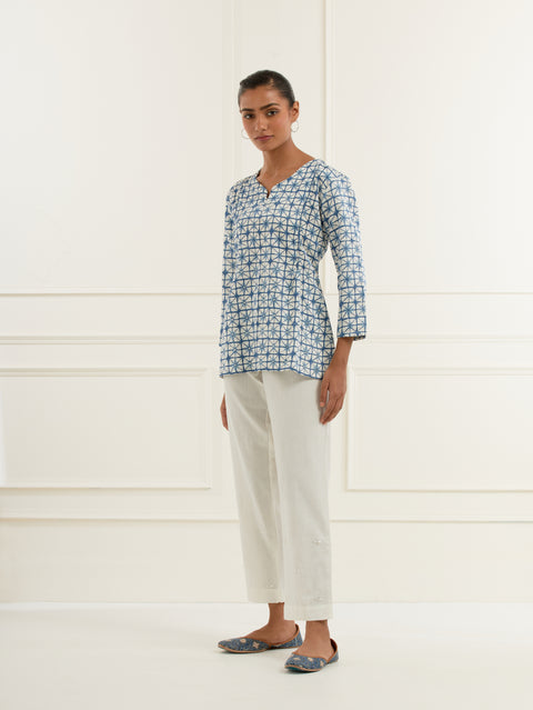 Blue Block Print Front Pleated Top In Linen Satin With Pittan Embroidery Dots