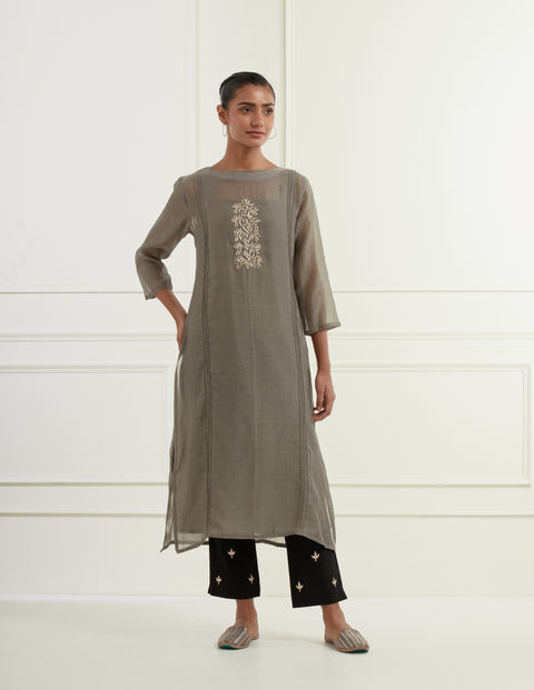 Fossil Grey Chanderi Kurta With Pintucks, Centre Moif  Pittan Embroidery And Cotton Mulmul Slip