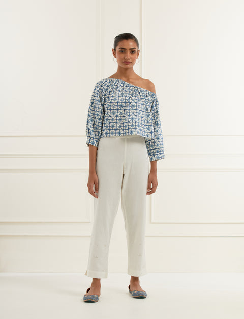 Blue Block Printed Off-shoulder Top In Linen Satin With Pittan Embroidery Dots