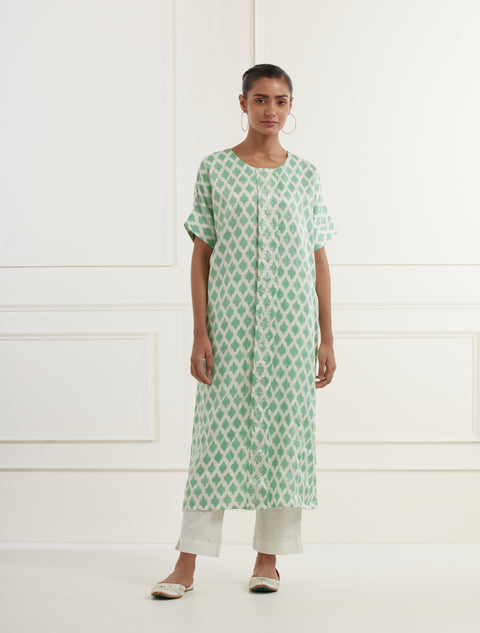 Sea Green Block Printed Linen Satin Kaftan Kurta With Centre Box Pleat And Pittan Embroidery Paired With Offwhite Embroidered Cotton Slim Fit Pants