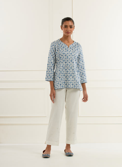 Blue Block Print Front Pleated Top In Linen Satin With Pittan Embroidery Dots And Off White Cotton Slim Fit  Pants With Embroidery