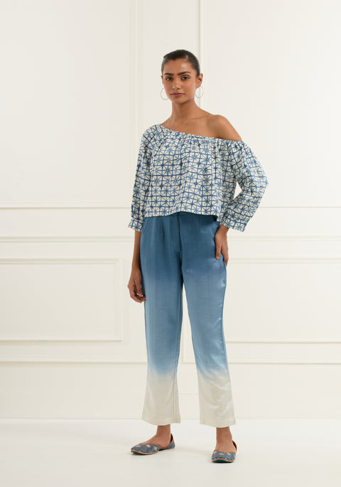 Blue Block Printed Off-shoulder Top In Linen Satin With Pittan Embroidery Dots And Blue Ombre' Shaded Hand Dyed  Linen Satin Straight Fit  Trouser