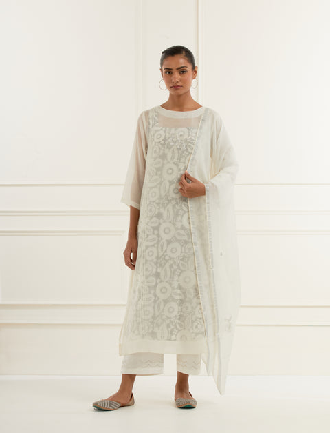 Off-white Chanderi Dupatta With Silver Borders, Pittan Embroidery Floral Bootas And Small Daisies All Over
