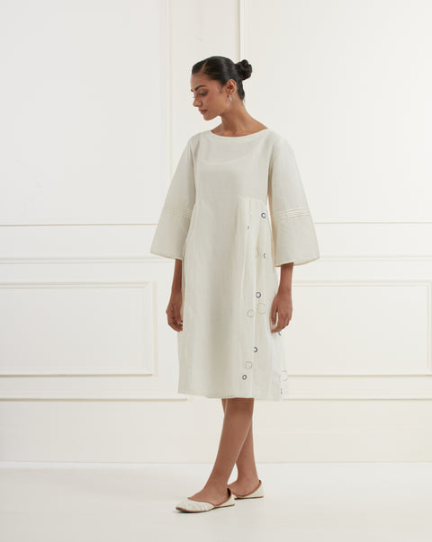 White Linen Pleated Dress With Silver And Blue Embroidery All Over And At The Back Paired With Cotton Slip