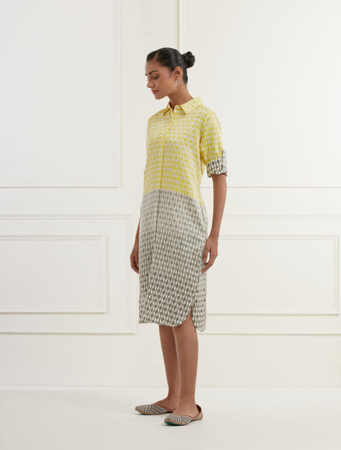 Yellow And Grey Ombre' Shirt Dress Created With Block Print  In Linen Satin With Pittan Embroidery Front