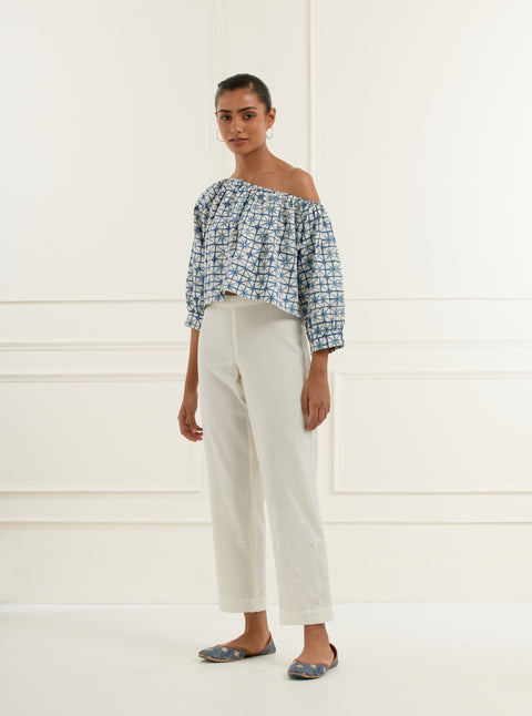 Blue Block Printed Off-shoulder Top In Linen Satin With Pittan Embroidery Dots