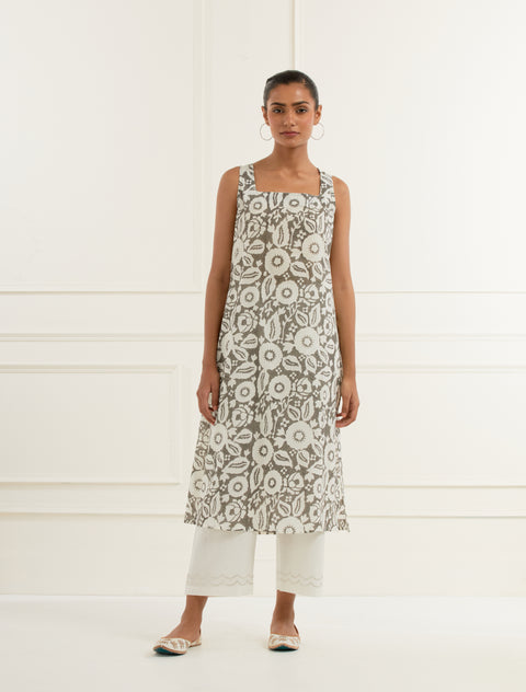 Off-white Chanderi Kurta With Pintucks,centre Moif  Pittan Embroidery And Cotton Mulmul Block Printed Slip With Grey Floral Motifs Paired With Embroidered Offwhite Cotton Straight Fit Pants