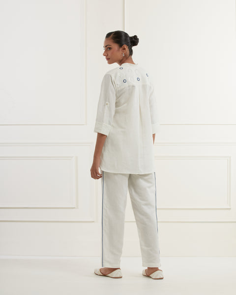 White Linen Co-ord Set  With Silver And Blue Embroidery And Indigo Trims