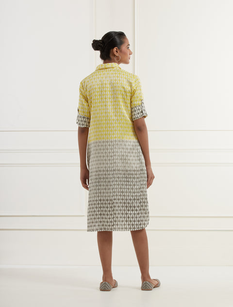 Yellow And Grey Ombre' Shirt Dress Created With Block Print  In Linen Satin With Pittan Embroidery Front