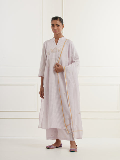 Lilac cotton dobby yoke kurta with pittan embroidery and straight fit cotton  pants paired with chanderi embroidered dupatta with pittan booti
