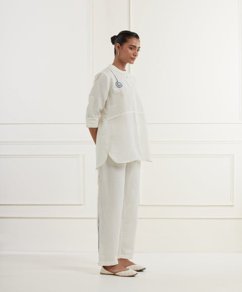 White Linen Co-ord Set  With Silver And Blue Embroidery And Indigo Trims