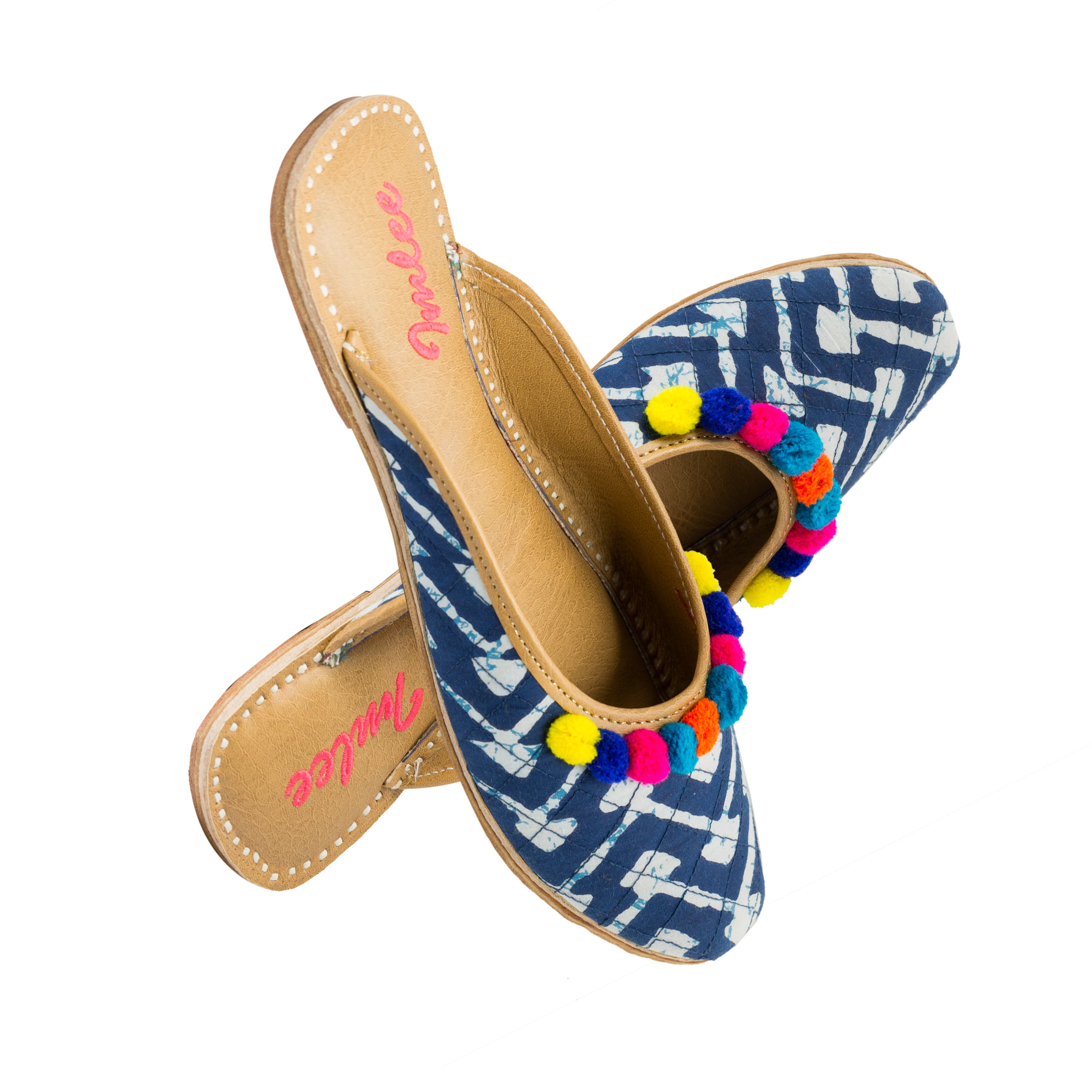INDIGO MANIA SLIPPERS - INDIGO MULTICOLOURED POMPOMS QUILTED OPEN BACK ...