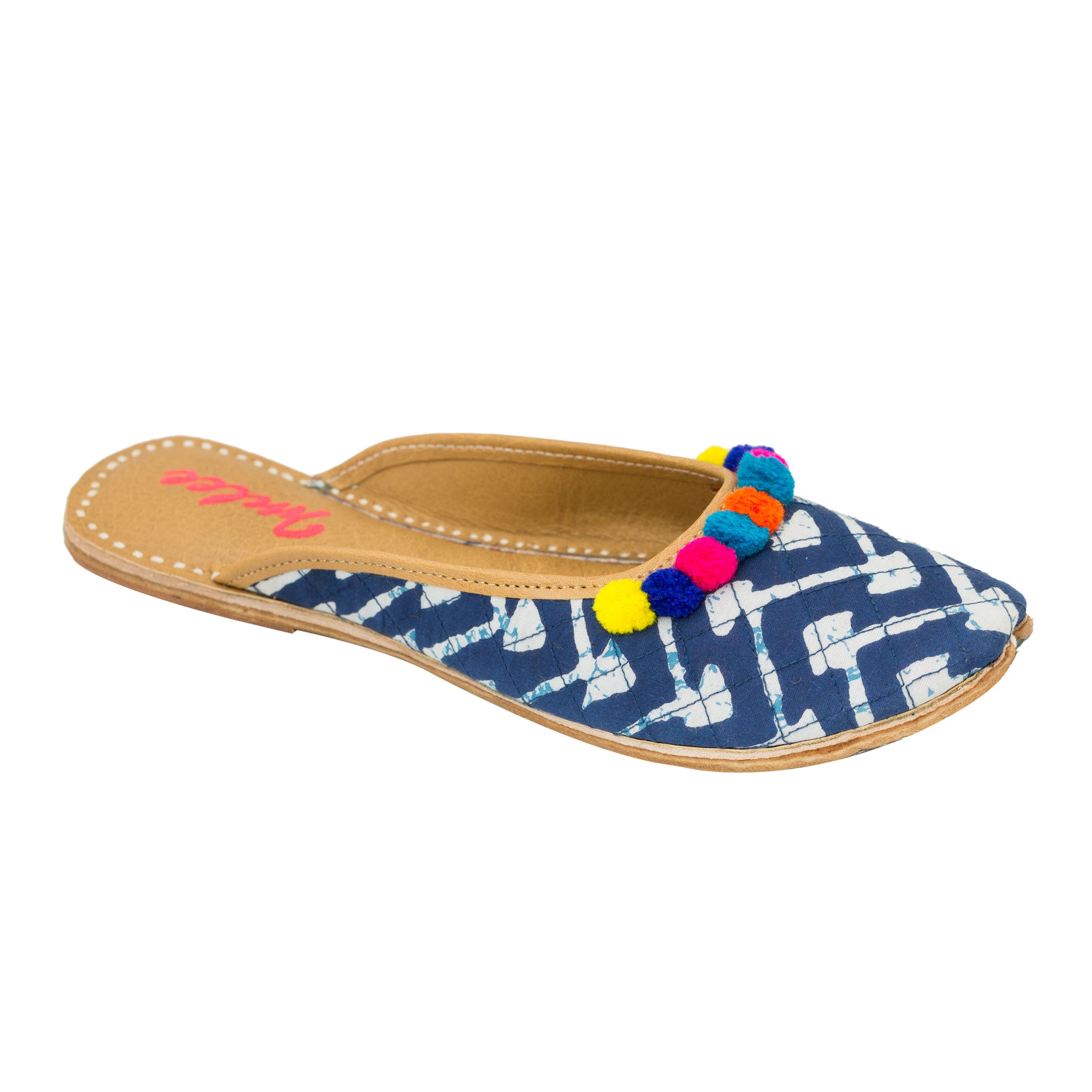 INDIGO MANIA SLIPPERS - INDIGO MULTICOLOURED POMPOMS QUILTED OPEN BACK ...