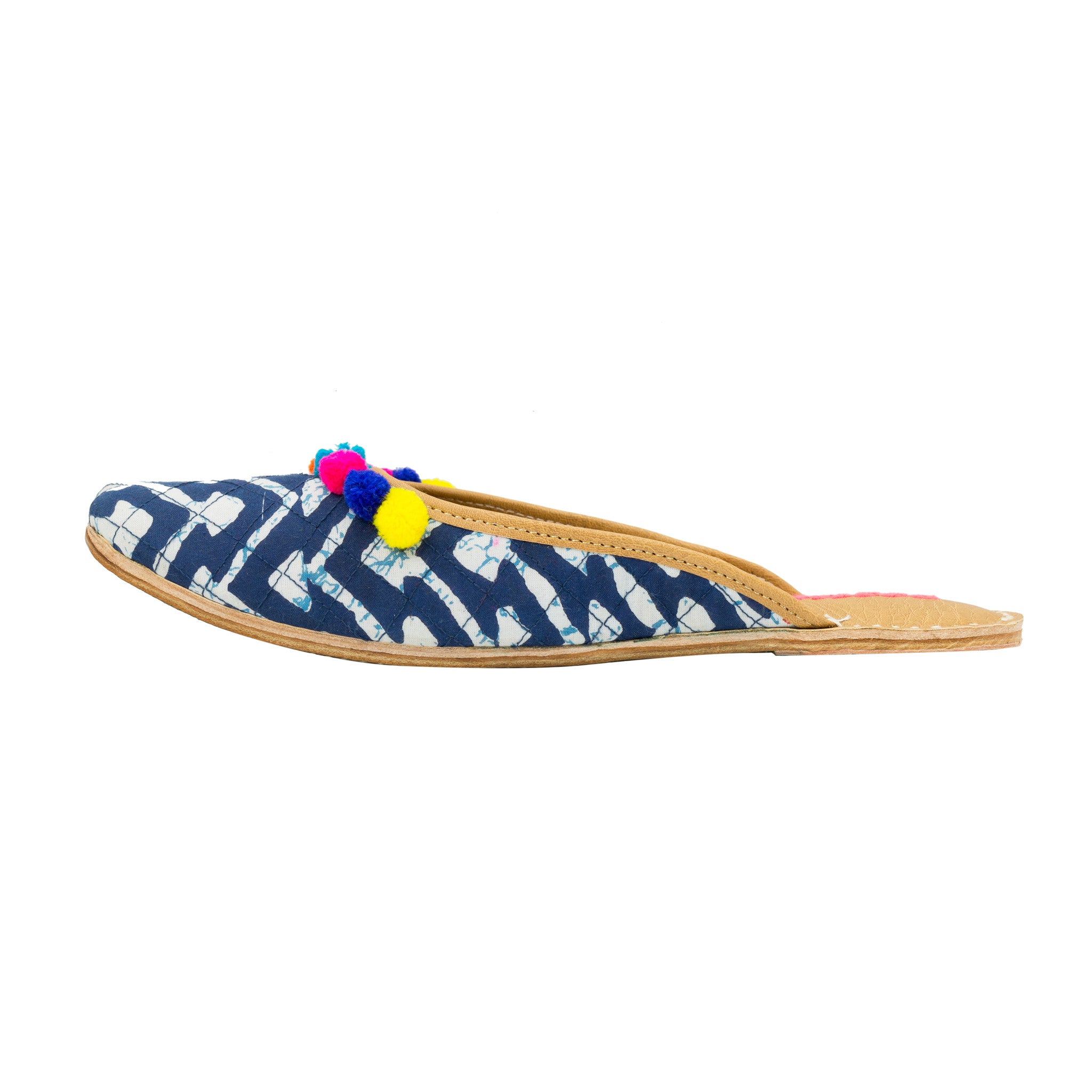 INDIGO MANIA SLIPPERS - INDIGO MULTICOLOURED POMPOMS QUILTED OPEN BACK ...