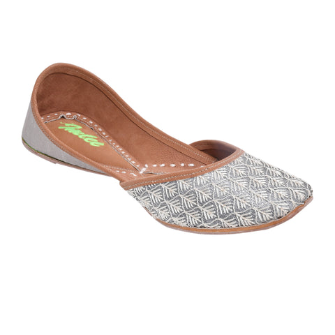 silver  thread and sequin embroidry and grey silk combination leather mojari with sole cushioning.