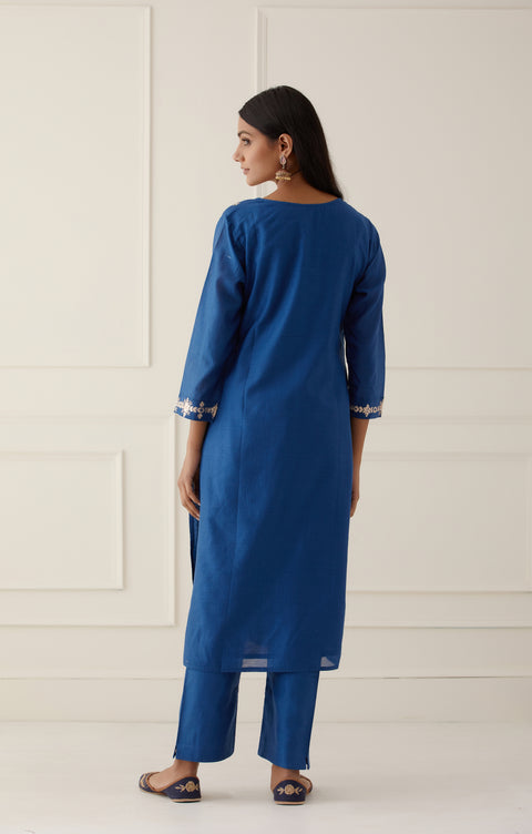 Indigo Blue Straight Kurta Set With Dupatta - Set Of 3