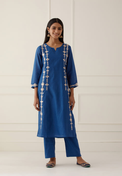 Indigo Blue Straight Kurta Set With Dupatta - Set Of 3