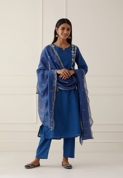 Indigo Blue Straight Kurta Set With Dupatta - Set Of 3