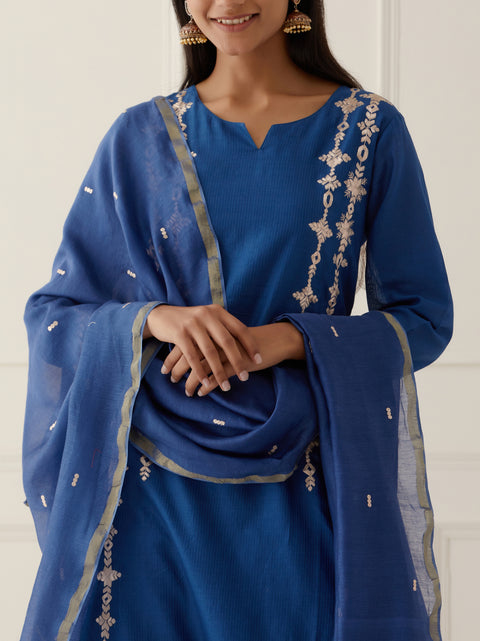 Indigo Blue Straight Kurta Set With Dupatta - Set Of 3