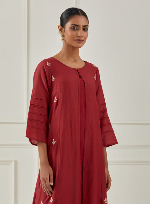 RED SILK JACKET KURTA