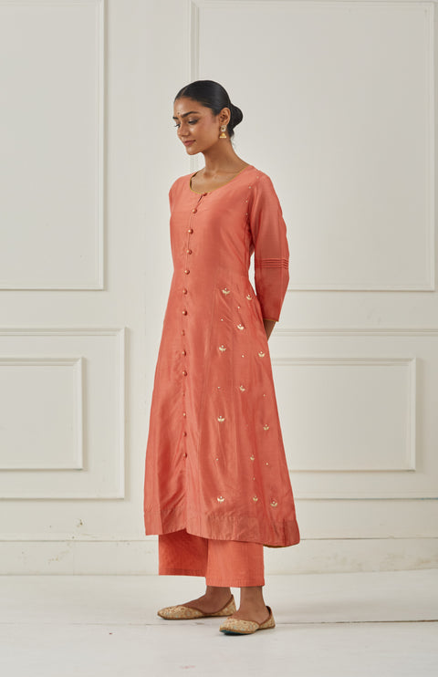 RUST RED SIDE KALI KURTA SET WITH DUPATTA - SET OF 3